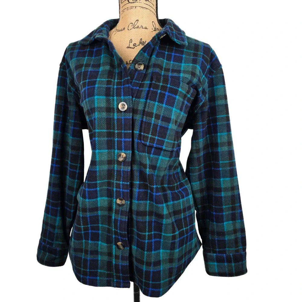 Eddie Bauer‎ Womens Microfleece Button Up Shirt Plaid Teal Navy Blue Medium M